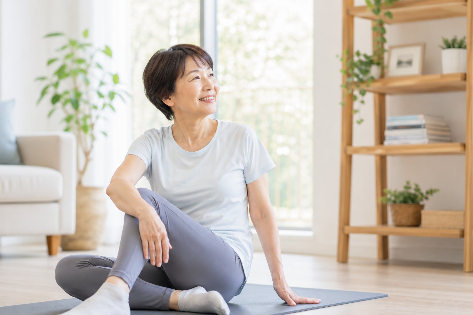 自宅でストレッチをする利用者